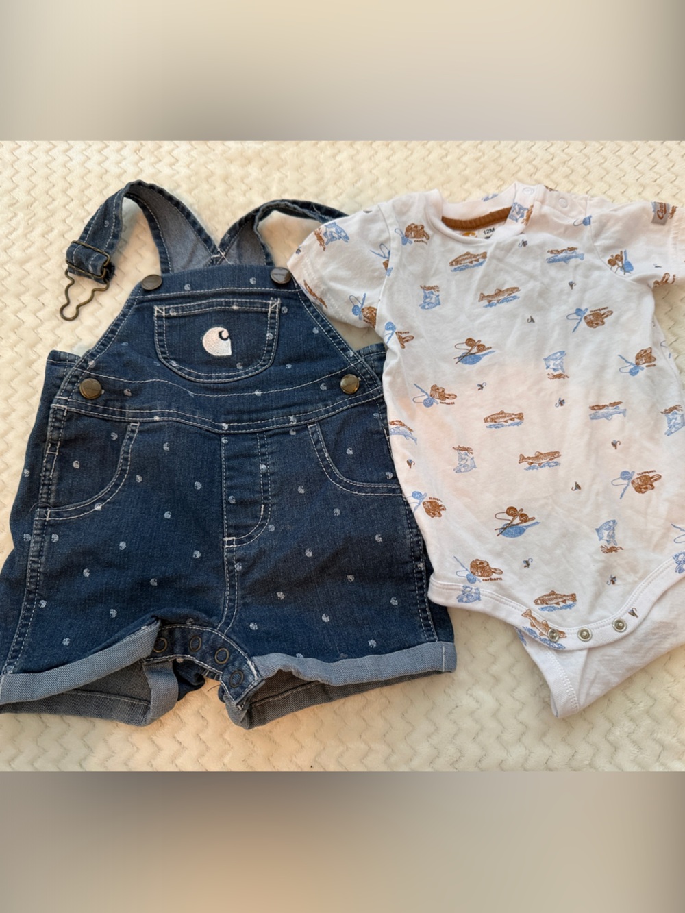 Carhartt Navy Blue Denim overalls and onesie
